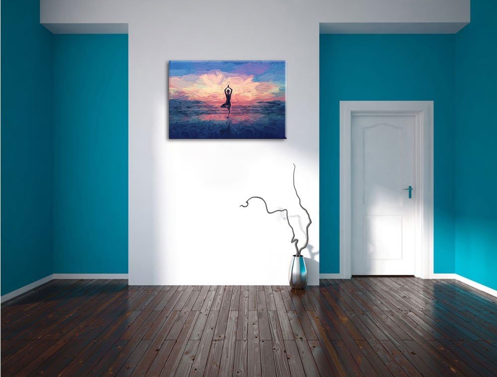 Pixxprint Yoga am Strand Kunst als Leinwandbild/Grösse: 100x70 cm/Wandbild/Kunstdruck/fertig bespann