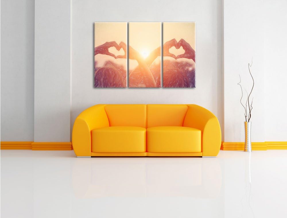 Pixxprint Zwei Mädchen Zeigen Herzmotiv bei Sonnenuntergang Kunst Buntstift Effekt 3-Teiler Leinwand