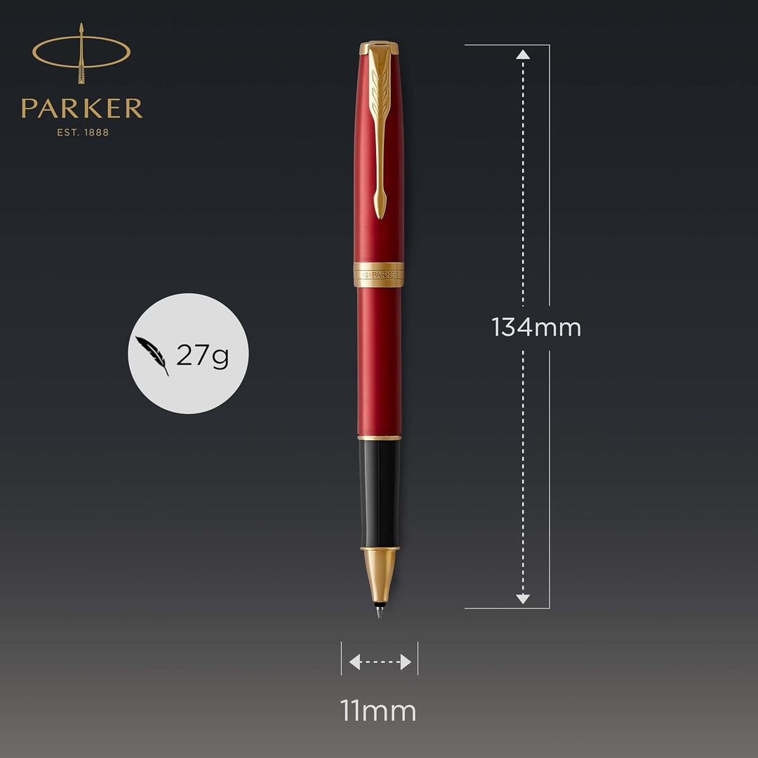 Parker Sonnet Tintenroller , Rote Lackierung mit Goldzierteilen , feine Spitze , Schwarze Tinte , Ge