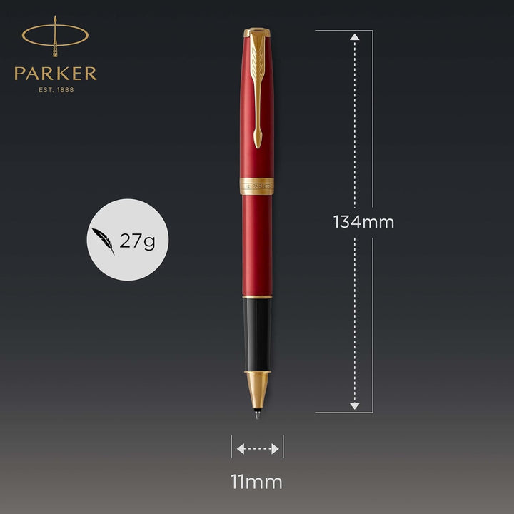 Parker Sonnet Tintenroller , Rote Lackierung mit Goldzierteilen , feine Spitze , Schwarze Tinte , Ge