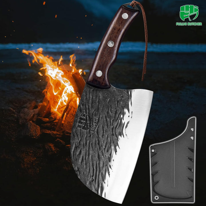 FULLHI Voll-Tang Metzgermesser mit Scheide, serbisches Kochmesser mit hohem Kohlenstoffstahl Fleisch