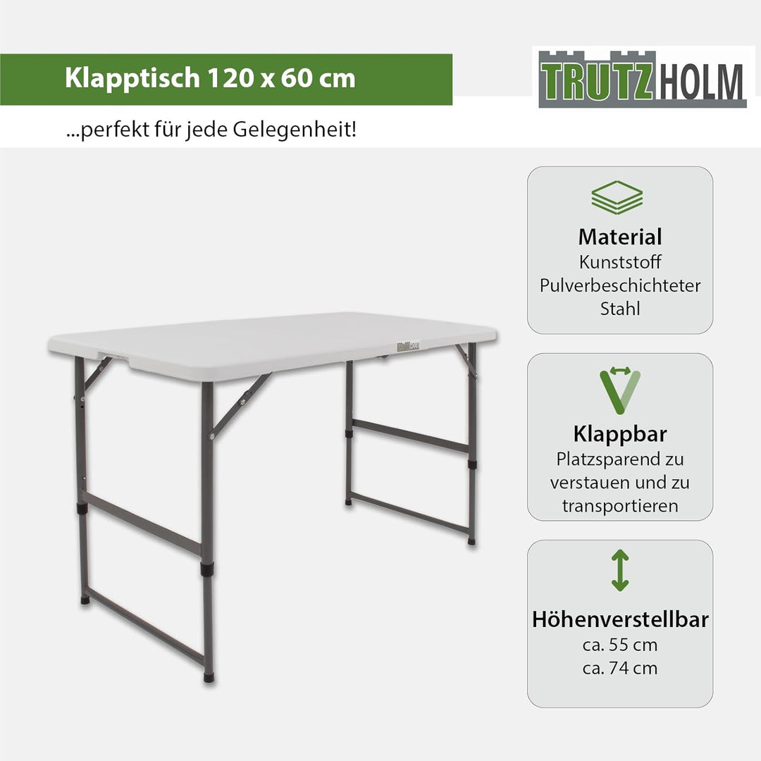 TRUTZHOLM Flohmarkttisch höhenverstellbar 120x60 cm zusammenklappbar mit Tragegriff wetterbeständig