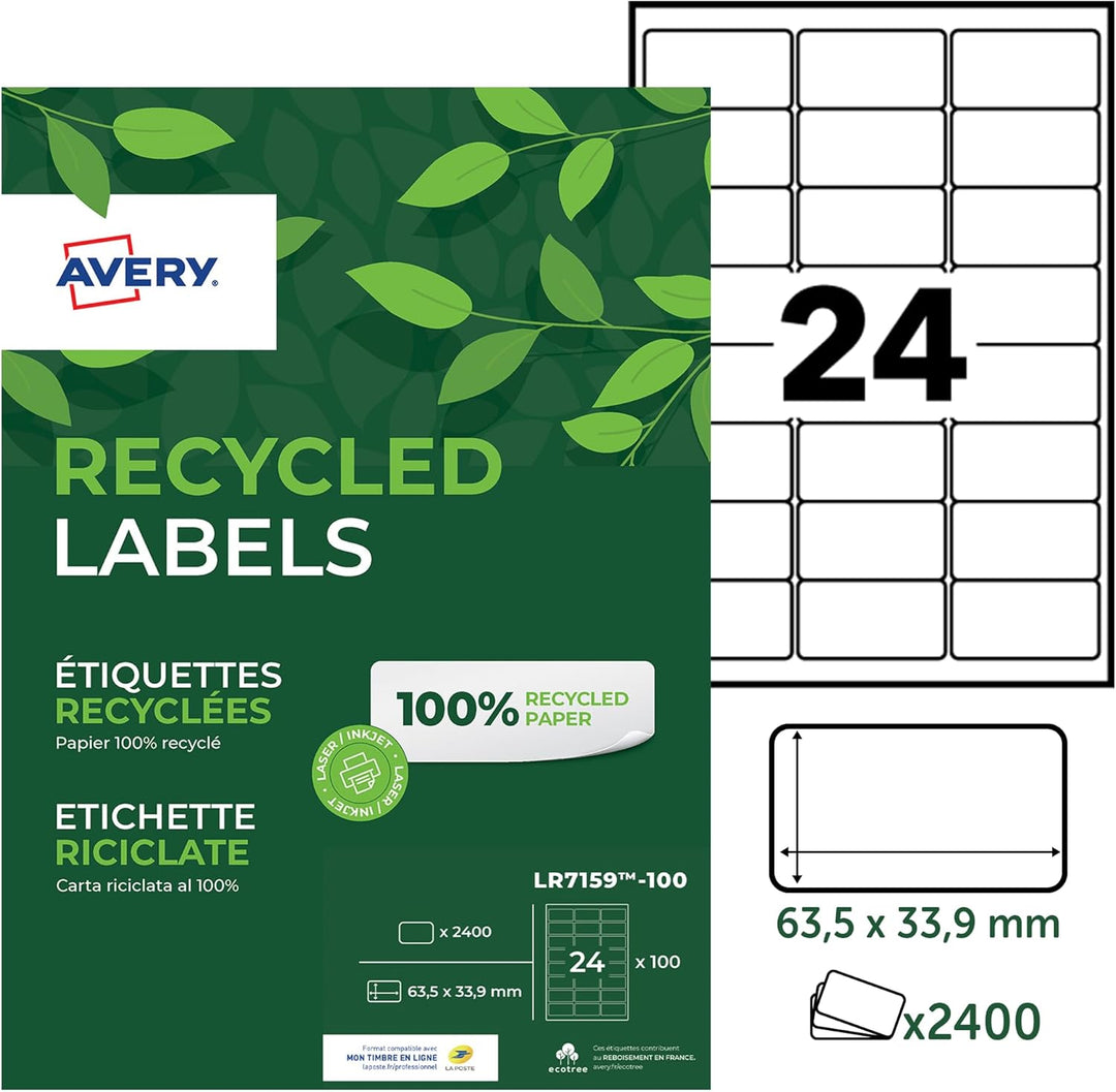 Avery LR7651-100 Klebeetiketten, 63,5 x 33,9 mm, aus zu 100 % recycelten Materialien 63,5 x 33,9 mm,