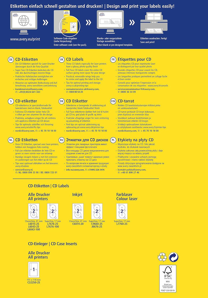 AVERY Zweckform L7760-25 selbstklebende CD-Etiketten (50 blickdichte CD-Aufkleber, Ø 117mm auf A4, S