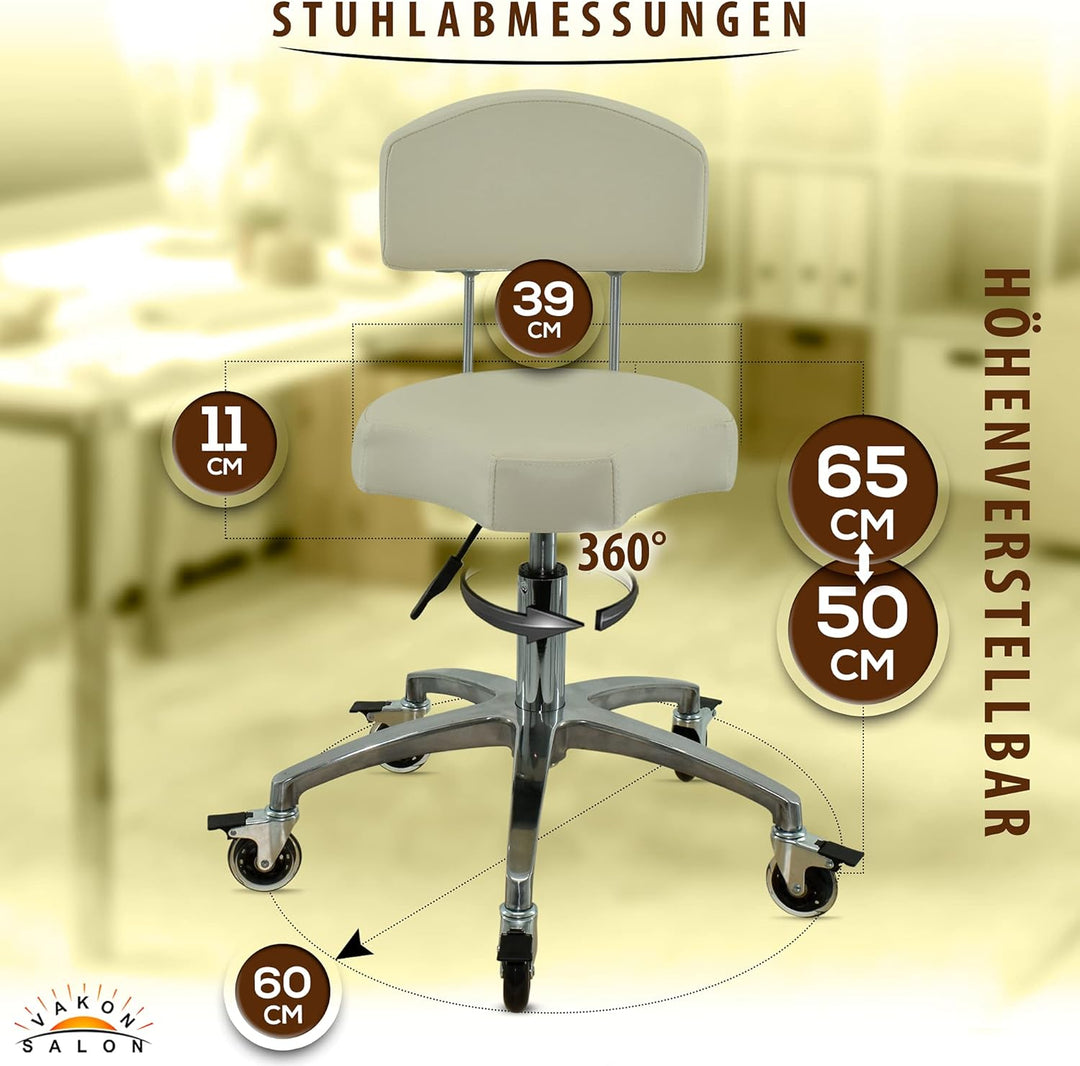 VAKON SALON - Ergonomischer Rollhocker mit Lehne in Weiss - Rollen mit Bremse - Höhenverstellbarer v