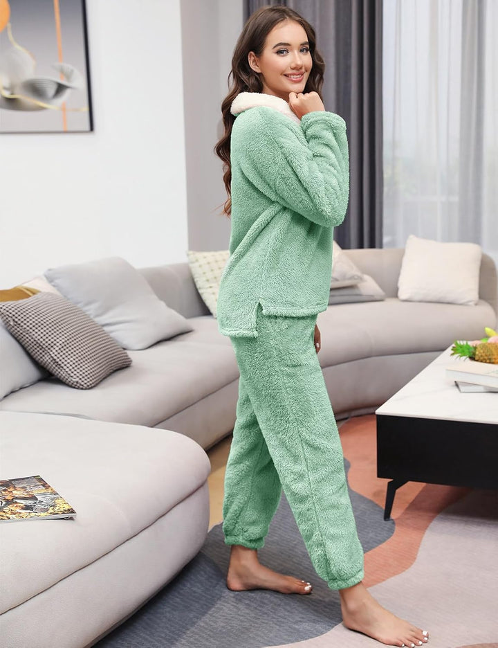RITOSTA Schlafanzug Damen Winter Thermo Pyjama Lang Fleece Hausanzug Kuschelig Warm Pyjama Set Flaus