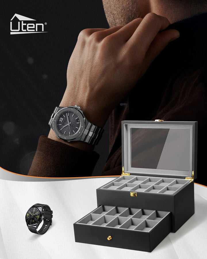 Uten Uhrenbox Holz mit 20 Fächern, Uhrenkasten Herren Damen schwarze Aufbewahrungsbox Holz E- Für 20
