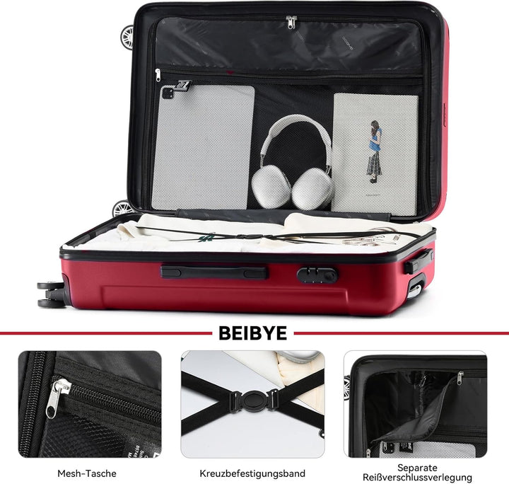 BEIBYE Zwillingsrollen Hardcase Reisekoffer Koffer Trolleys Hartschale in XL-L-M in 14 Farben (Rot,