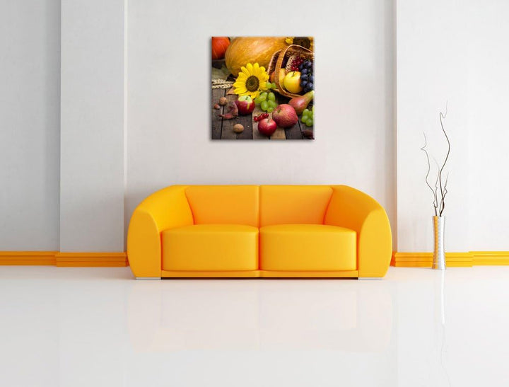 Herbstlicher Obstkorb, Format: 70x70 auf Leinwand, XXL riesige Bilder fertig gerahmt mit Keilrahmen,