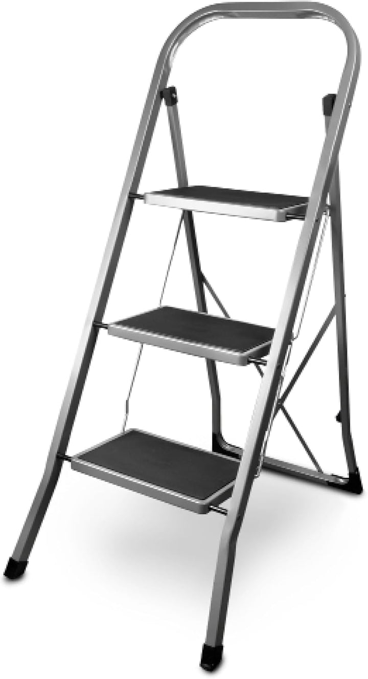 siwitec Klapptritt aus Stahl mit 3 Stufen, anthrazit, kleine Leiter mit Anti-Rutschmatten, 150 kg Tr