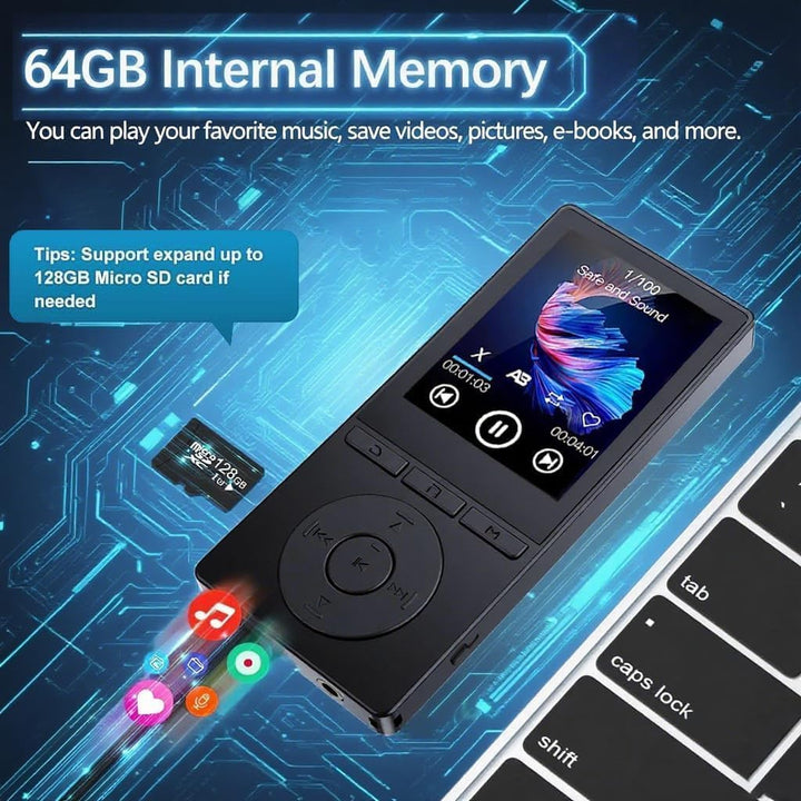 64GB MP3 Player Bluetooth 5.3, MP3 Player mit Lautsprecher, Musikwiedergabe, Sprachrekorder, E-Book,