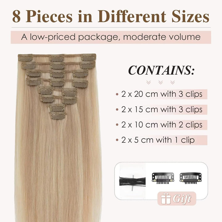 TESS Clip in Extensions Echthaar, 8pcs Clip in Haarverlängerung Remy Echt Haare Natürliche 18 Clips