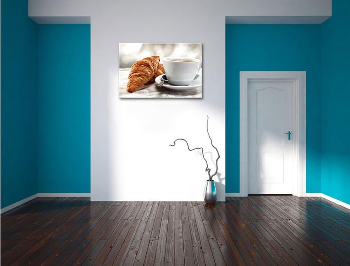 Frisches Croissant und Kaffee Format: 100x70 auf Leinwand, XXL riesige Bilder fertig gerahmt mit Kei