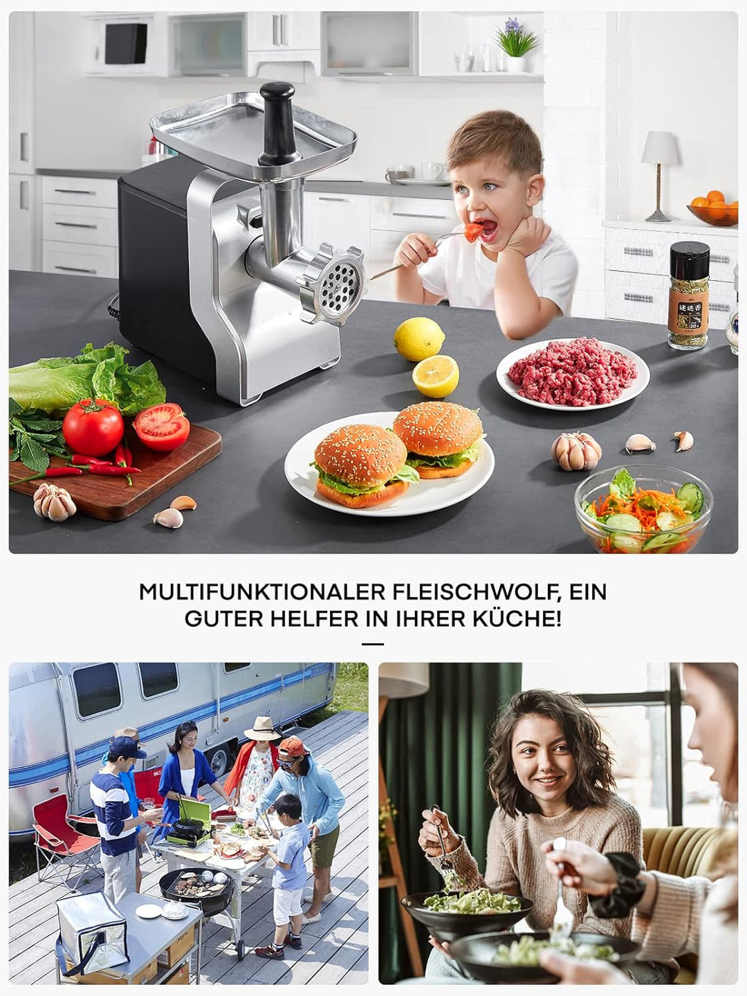 Fleischwolf, HOUSNAT 5 in 1 Fleischwolf Elektrisch Profi mit 3 Edelstahl Loch-Scheiben(3, 5 7mm) & 4