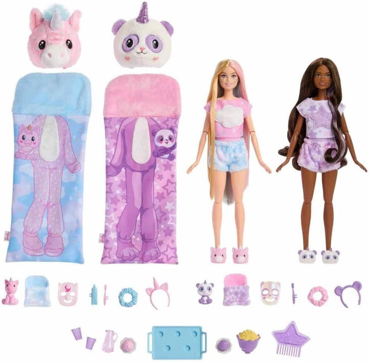 Barbie Cutie Reveal Pyjamaparty Deluxe Set - Über 35 Überraschungen inkl. 2 Puppen, 2 Haustiere, Far