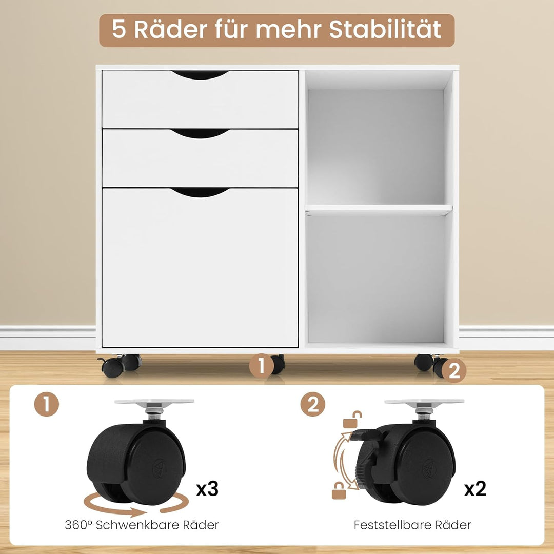 WOLTU Rollcontainer mit 3 Schubladen, mobiler Aktenschrank mit 5 Rollen, Büroschrank mit verstellbar
