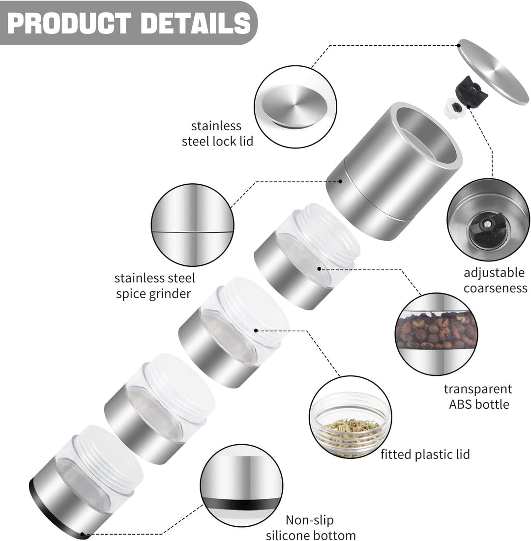 Mini Gewürzgläser Set mit Deckel, DASKING 4-in-1 Camping Gewürze Organizer mit Gewürzmühle, Manuelle