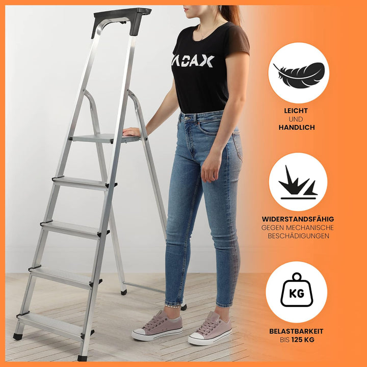 KADAX Aluminiumleiter, Stehleiter bis zu 125 kg, Stufenleiter, Klapptritt für Senioren, Alu-Sicherhe