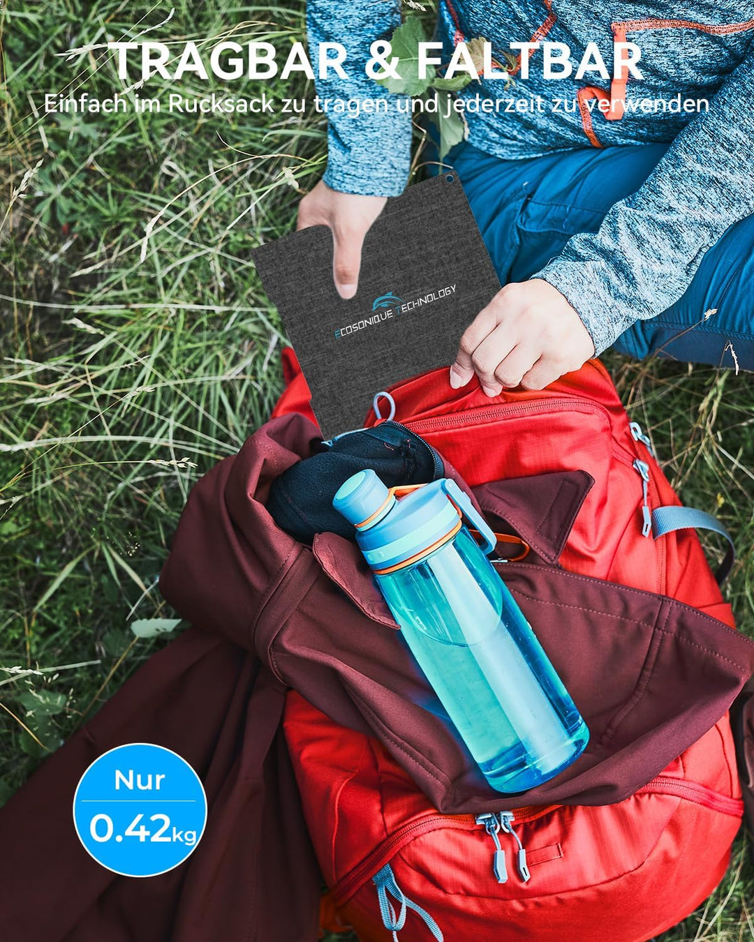 Ecosonique 15W Solar Ladegerät für Handy, IP67 Wasserdicht Faltbar Solarpanel für Handy,mit USB-A/US