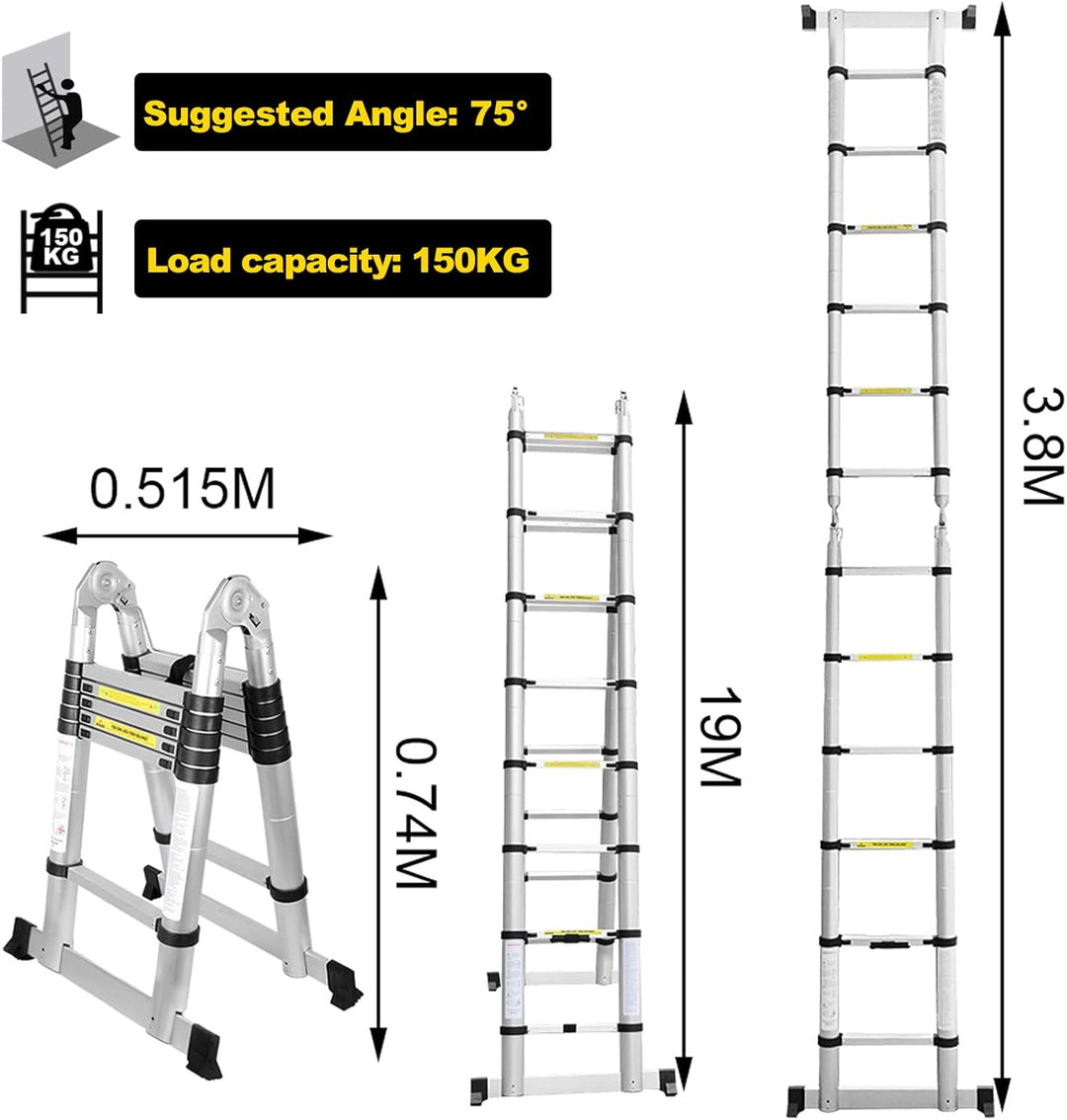 Ansobea Teleskopleiter 3.8m Aluminiumleiter Leiter Ausziehbar Teleskopleitern Schiebe Teleskopleiter