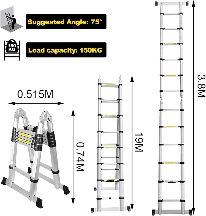 Ansobea Teleskopleiter 3.8m Aluminiumleiter Leiter Ausziehbar Teleskopleitern Schiebe Teleskopleiter
