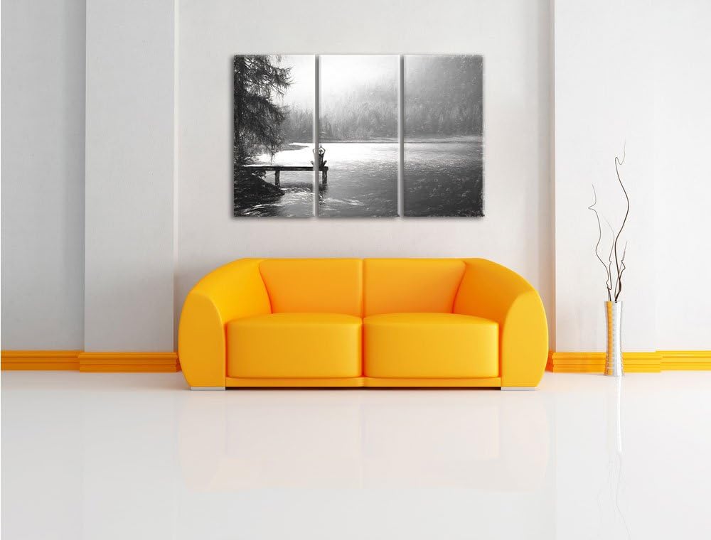 Pixxprint Yoga am See Kunst / 3-Teilig/Gesamtmass 120cm Leinwandbild bespannt auf Holzrahmen/Wandbil