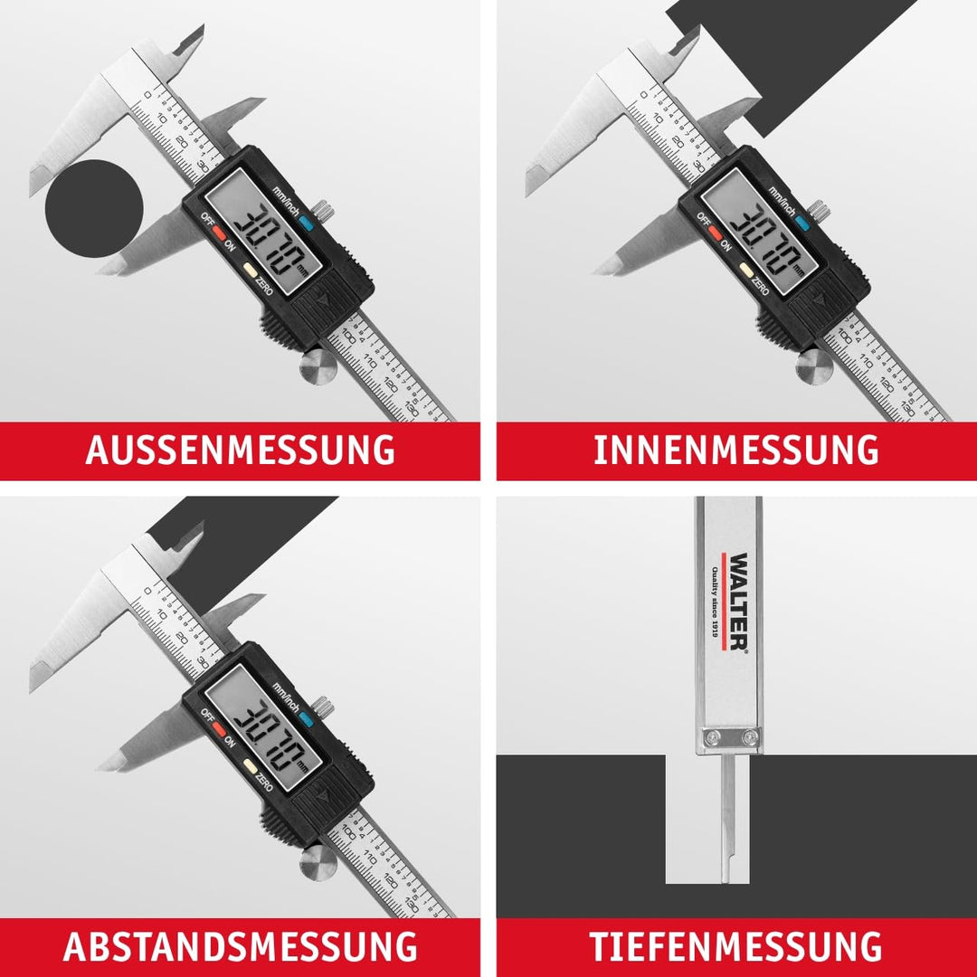 WALTER Digitale Schieblehre, Messschieber, 150 mm mit LCD-Display, Aussen-, Innen- und Tiefmass, in