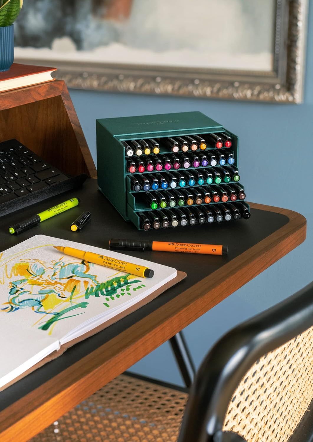 Faber-Castell 167193 - Tuschestifte Pitt Artist Pen Brush, 60er Atelierbox, Pinselstifte Set, 60er A