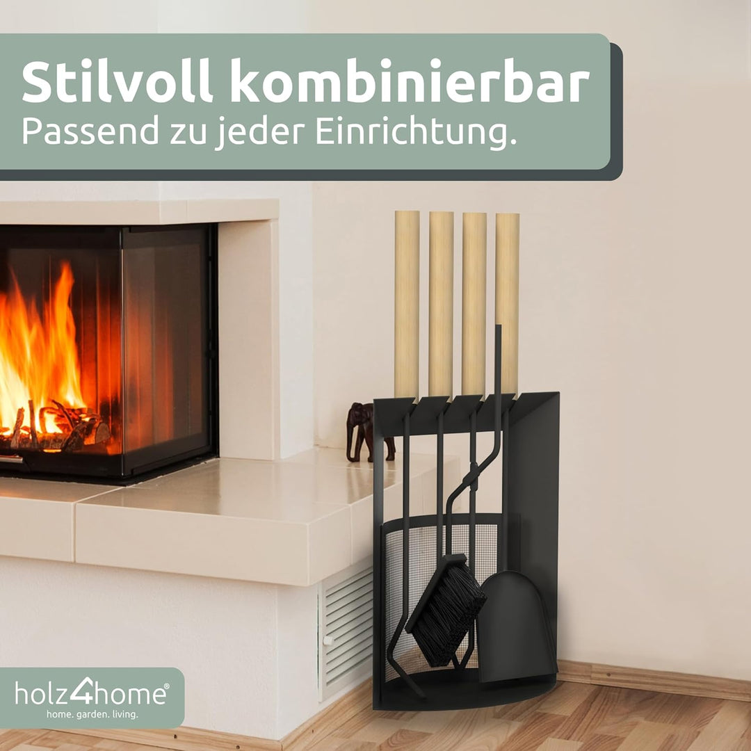 holz4home® Kaminbesteck 6-tlg. Schwarz mit Holzgriff inkl. Ofenhandschuh hitzebeständig I Kaminset K