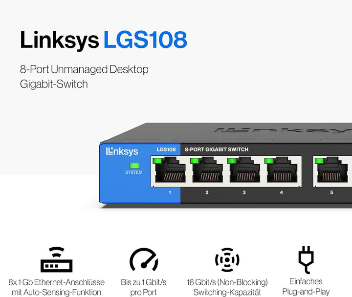Linksys LGS108-EU 8-Port Unmanaged Gigabit-Netzwerk-Switch – Ethernet-Switch/Hub mit Metallgehäuse,