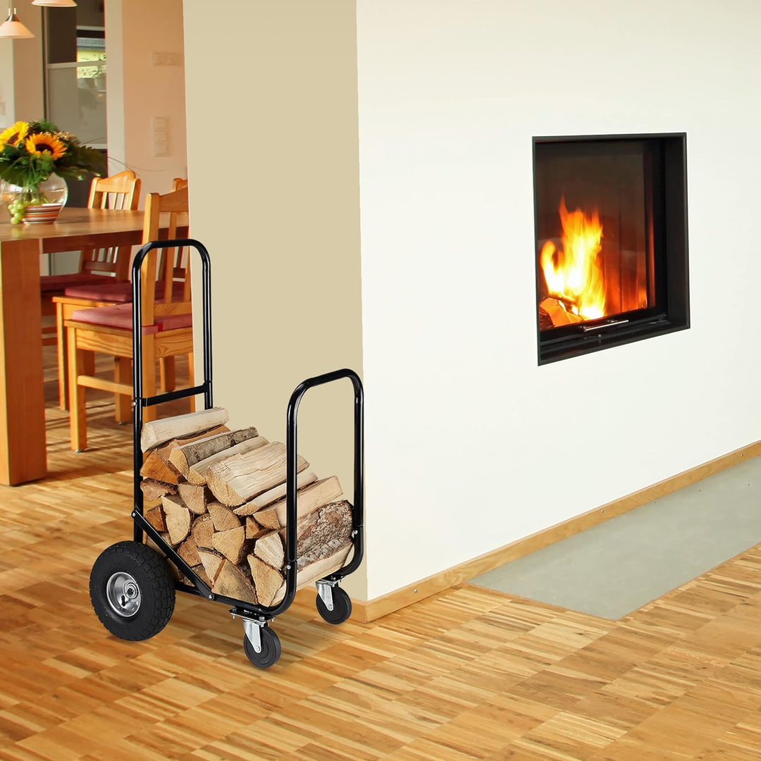 Relaxdays Kaminholzwagen, 2 Reifen & 2 Rollen, bis 60 kg, Brennholzwagen Stahl, Holztransport & -auf