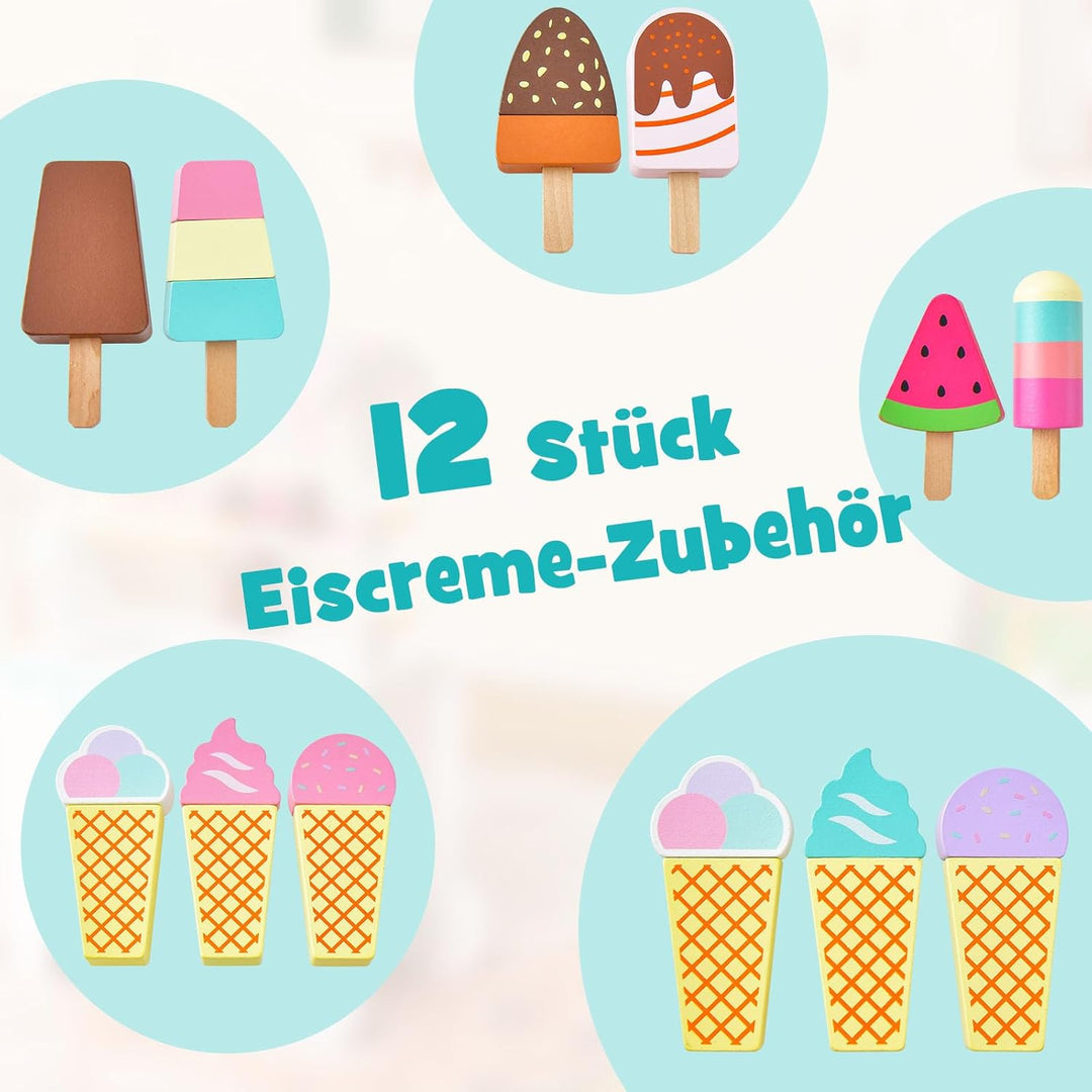 COSTWAY Kinder Eiswagen mit 12 Eiscreme, Kaufladen aus Holz mit 2 Rädern, Schiebegriff & Baldachin,