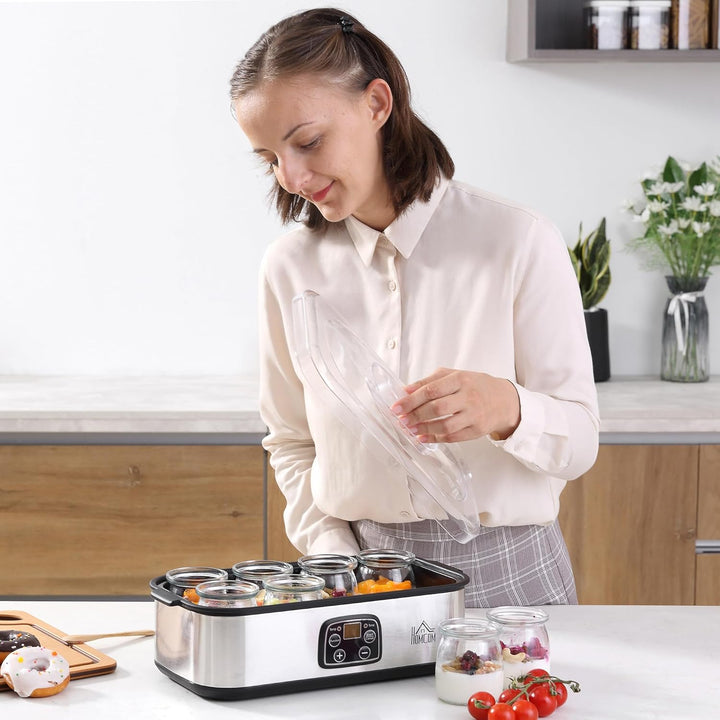 HOMCOM Joghurtbereiter 25W Joghurtmaschine mit LCD-Display 8 Joghurtgläser mit Deckel aus Glas 180ml