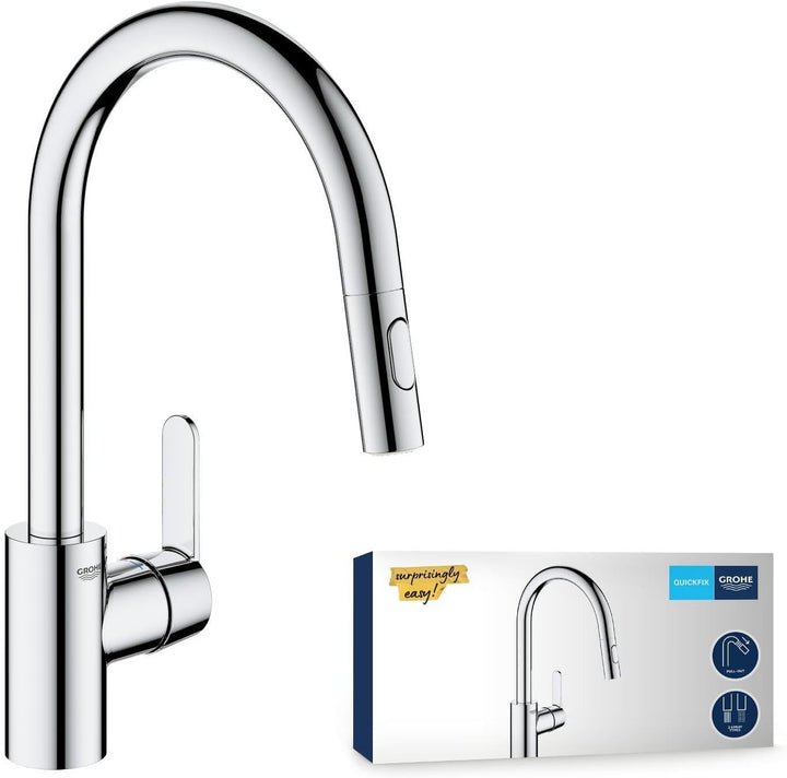 GROHE Get | Küchenarmatur - Einhand-Spültischbatterie, mit herausziehbarer Dual Spülbrause | C-Ausla