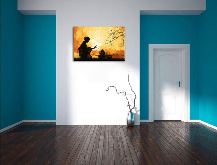 Geisha Pinsel Effekt, Format: 100x70 auf Leinwand, XXL riesige Bilder fertig gerahmt mit Keilrahmen,