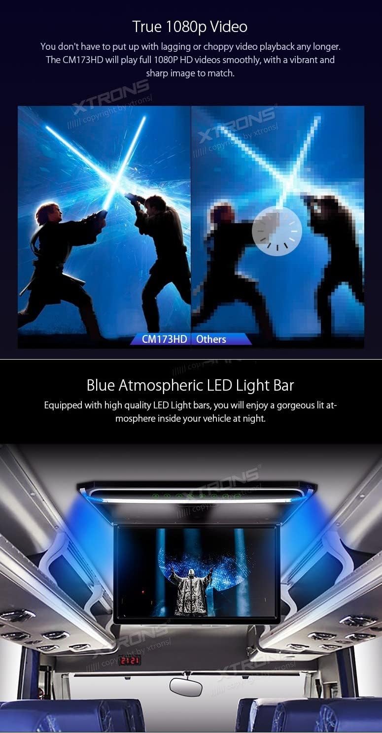 XTRONS 17,3“ Digital TFT FHD 16:9 Bildschirm für Auto Bus unterstützt 1080P Video Auto Overhead Play