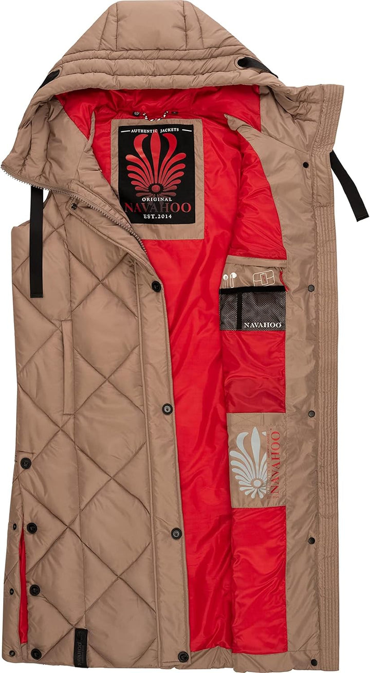 Navahoo warme Damen Winter Steppweste lang mit Kapuze Schnuckel XS-XXL L Dark Taupe, L Dark Taupe