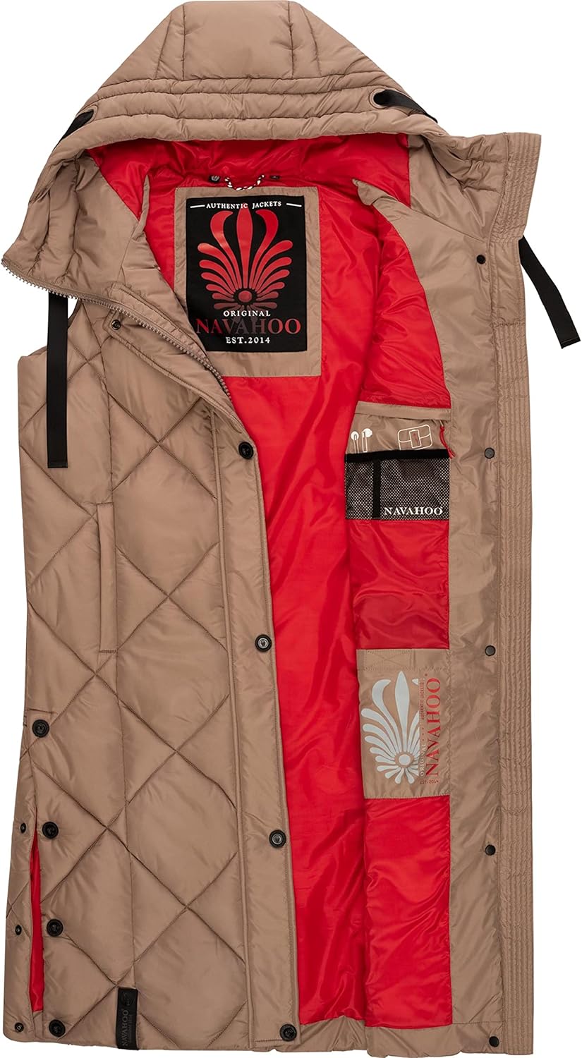 Navahoo warme Damen Winter Steppweste lang mit Kapuze Schnuckel XS-XXL L Dark Taupe, L Dark Taupe