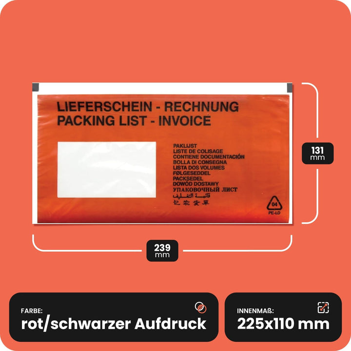 Netuno 1000 rote Lieferscheintaschen selbstklebend bedruckt DIN lang 131x 239 mm Begleitpapiertasche