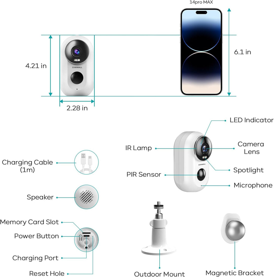 ZUMIMALL 2K Überwachungskamera Aussen Akku, 2 Pack Kamera Überwachung Aussen mit Magnethalterung, 3M