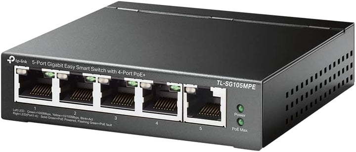 TP-Link TL-SG105MPE 5 Port Managed PoE Switch mit 4 PoE+ Ports (120 Watt, IEEE-802.3af/at PoE,lüfter