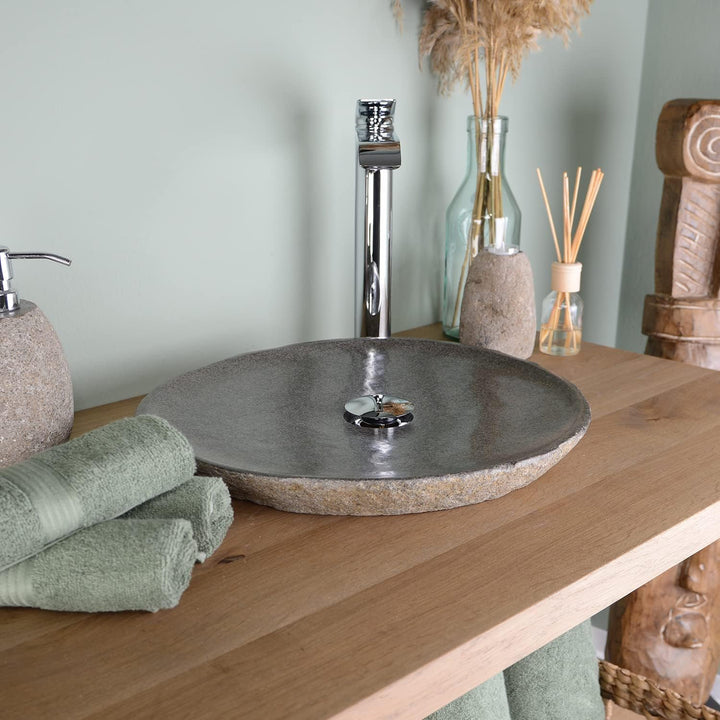 Naturstein Waschbecken 50 cm grau rund - Flussstein-Waschbecken flach Aufsatzwaschbecken WOHNFREUDEN