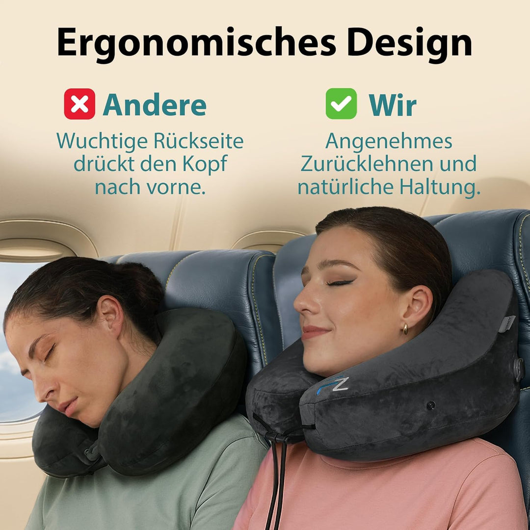 FLOWZOOM AIR Nackenkissen aufblasbar mit Kapuze - Reisekissen - Schnell aufblasbares Reise - Flugzeu