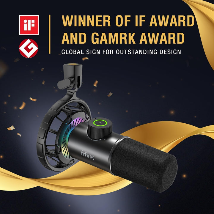 FIFINE USB Gaming Mikrofon, RGB Dynamische Mikrofone PC mit Stummschalttaste, Plug-and-Play Nierench