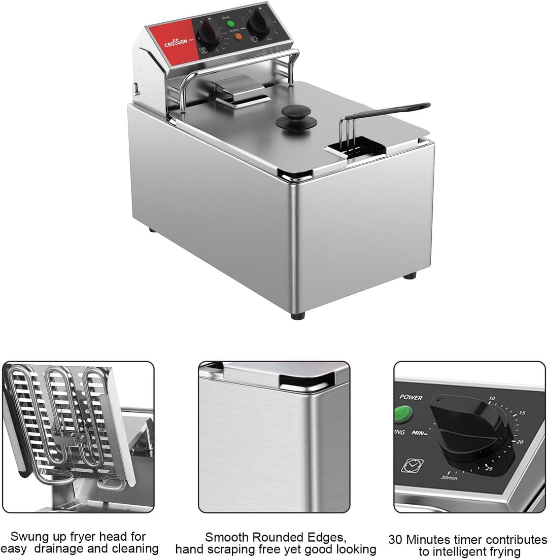 CROSSON 8L elektrische Fritteuse mit EGO-Thermostat, 30-Minuten-Timer, abnehmbarer Ölbehälter, massi