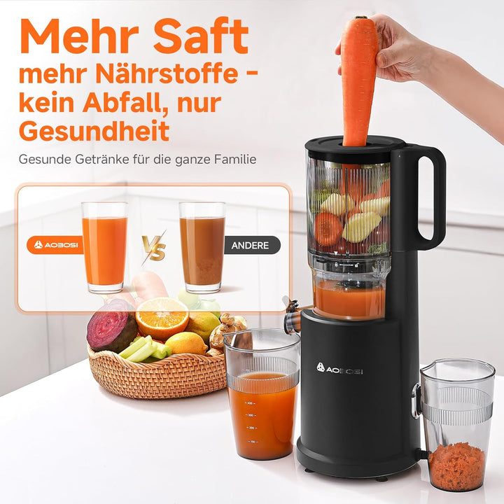AOBOSI Entsafter Slow Juicer 126MM XXL Einfüllöffnung,90 RPM, Leiser Kupfermotor, BPA-frei, hohe Saf