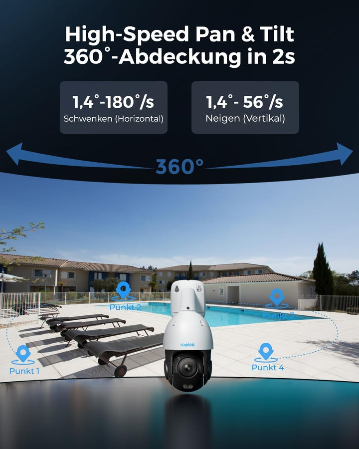 Reolink 4K 8MP UHD PTZ Outdoor Überwachungskamera PoE mit 5X 3D optischem Zoom, Auto-Tracking, Farbn