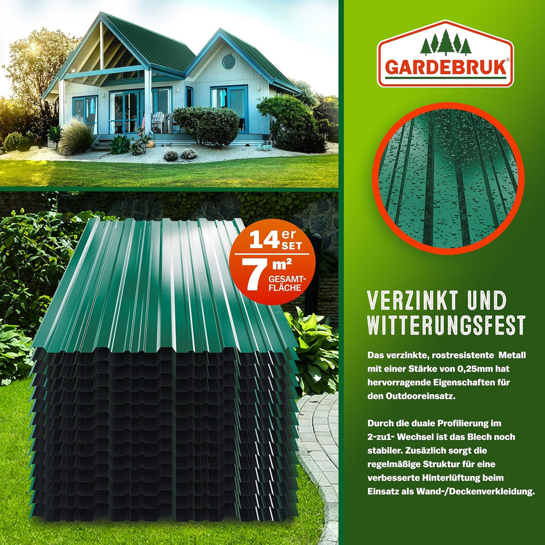 GARDEBRUK® 14x Trapezblech 110x46cm = 7m² Verzinkt Rostresistent Wetterfest Profilblech Dachblech We