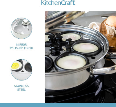KitchenCraft Eierpochierpfanne mit Antihaftbeschichtung, induktionssicher, Edelstahl, für 6 Eier, 26
