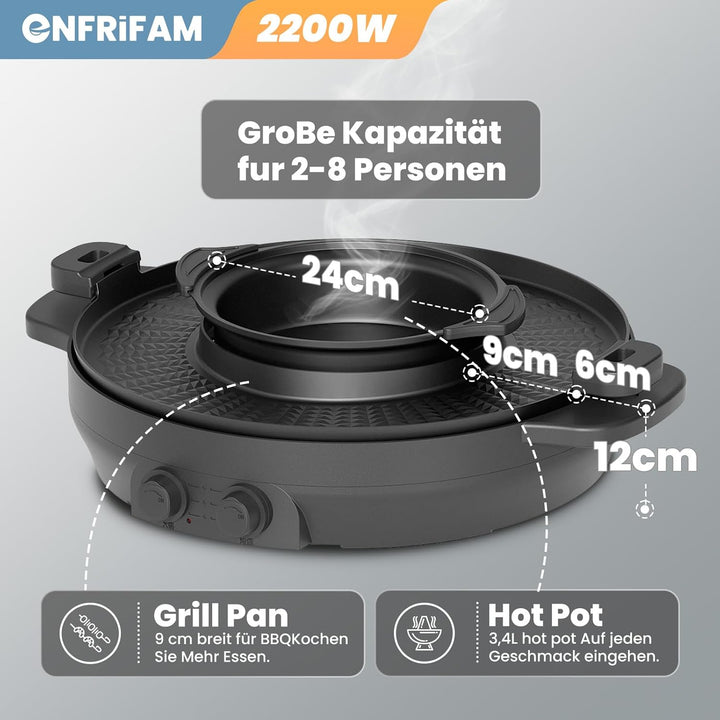ENFRIFAM 2200W 2 in 1 Multifunktions Elektro Hot Pot und Grill Combo, rauchfreier Split Shabu Shabu